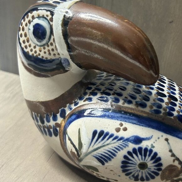 Vintage J Santana Tonala Mexico Ceramic Toucan Hand-Painted Floral Blue Brown - Picture 5 of 8